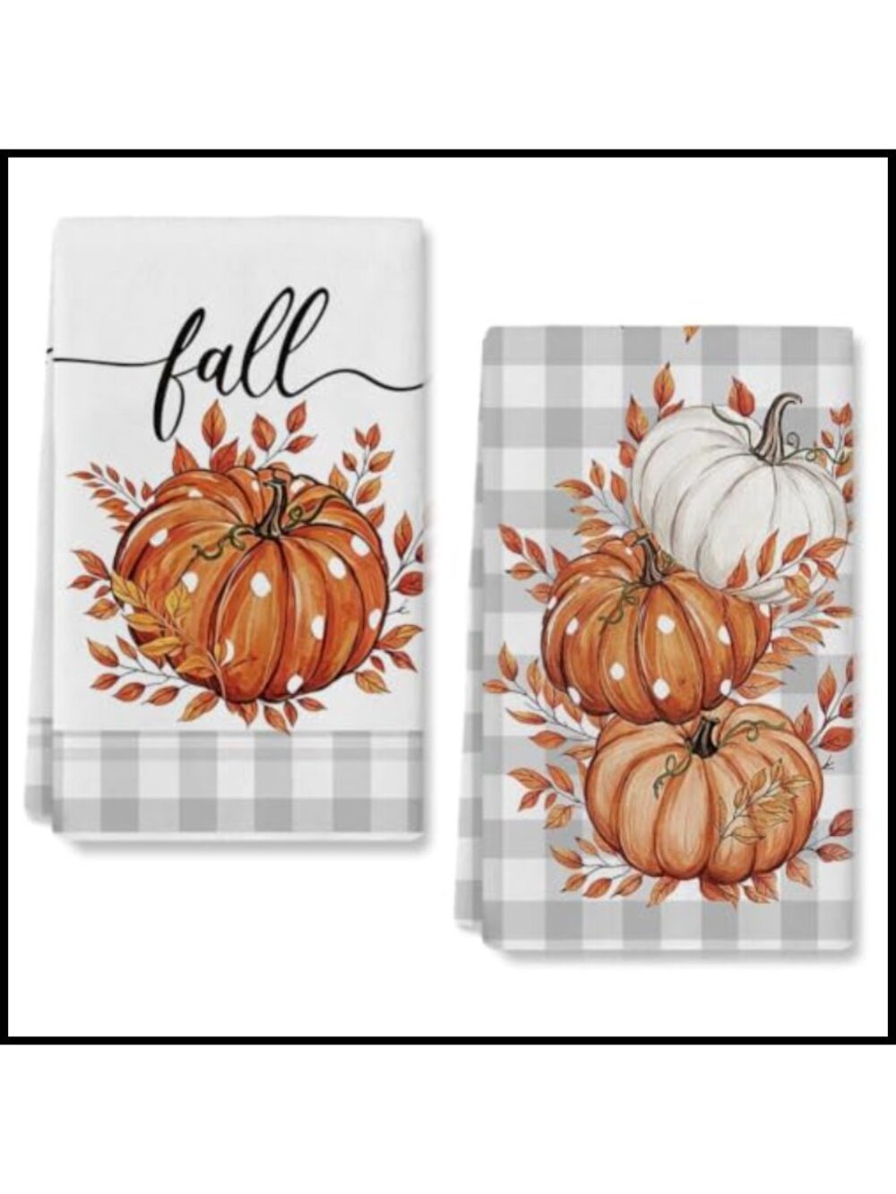 Polka Dot Pumpkin Buffalo Plaid Fall Kitchen Dish Towels Set 2